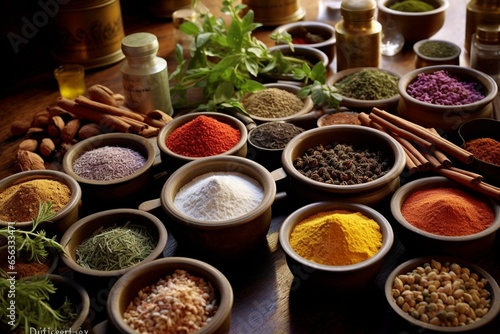 Assorted spices and herbs displayed on a table with bowls of various flavors. Generative AI