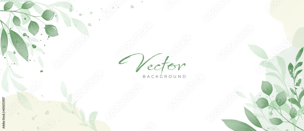 Horizontal watercolor abstract vector background with green branches and leaves.