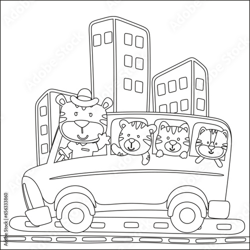 Cute animals on the bus funny animal cartoon, Vector illustration. T-Shirt Design for children. Design elements for kids. Coloring book or page