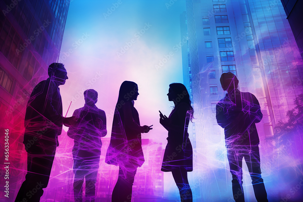Fototapeta premium group of people silhouette holding and networking on mobile phones on a urban buildings commercial scenery, connection threads blue neon colors