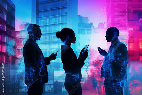 group of people silhouette holding and networking on mobile phones on a urban buildings commercial scenery, connection threads blue neon colors