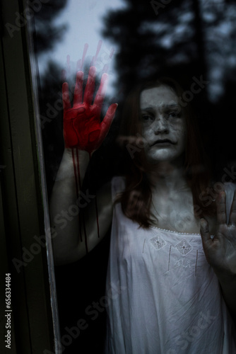 Female ghost with blood on hand seen through window of haunted cabin photo