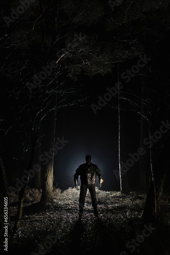 Demon standing amidst trees in forest at night photo