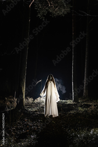 Ghost with scythe standing in forest at night photo