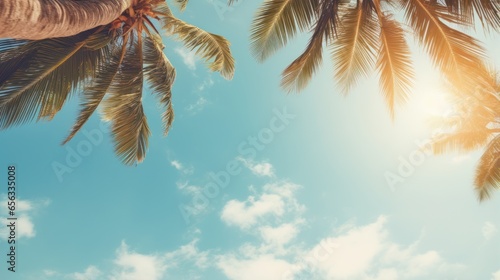 View of blue sky and palm trees from below, vintage style, tropical beach and summer background, travel concept.