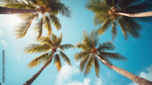 View of blue sky and palm trees from below, vintage style, tropical beach and summer background, travel concept. © Zahid