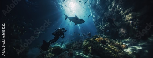 scuba drivers through tunnel under the ocean with fish and dangerous killer shark undersea life wonders around them as wide banner design with big copyspace area