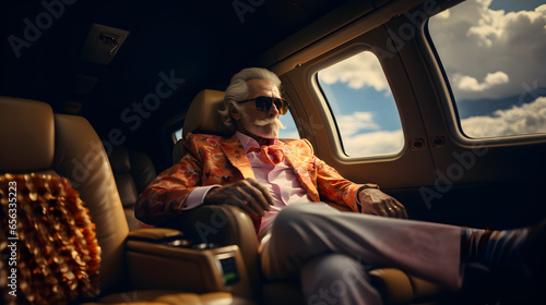 Lifestyle of the Affluent. An older man in an extravagant orange jacket, exuding sophistication, relaxes on his private jet in style photo