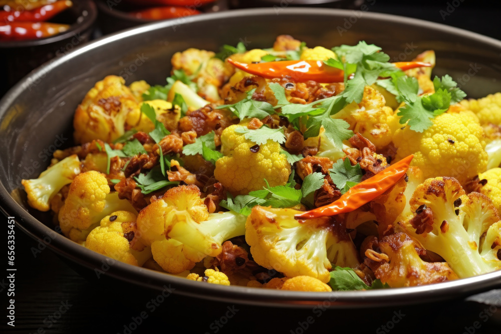 Dry Gobi Masala or cauliflower Sabzi served in a bowl. selective focus Dry Gobi Masala or cauliflower Sabzi served in a bowl. selective focus