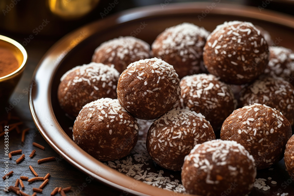 Yummy chocolate laddu served in a plate, Indian sweet Yummy chocolate laddu served in a plate, Indian sweet