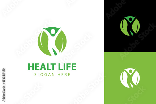 people health life logo icon design. people grow with green leaf icon symbol for health lifestyle logo illustration design element