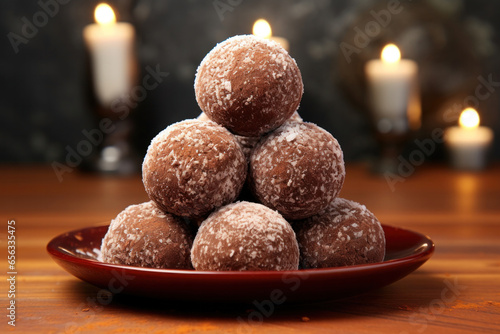 Yummy chocolate laddu served in a plate, Indian sweet photo
