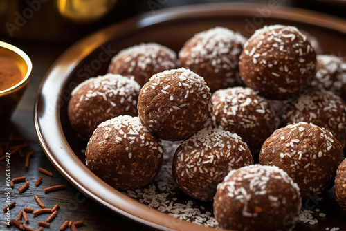 Yummy chocolate laddu served in a plate, Indian sweet