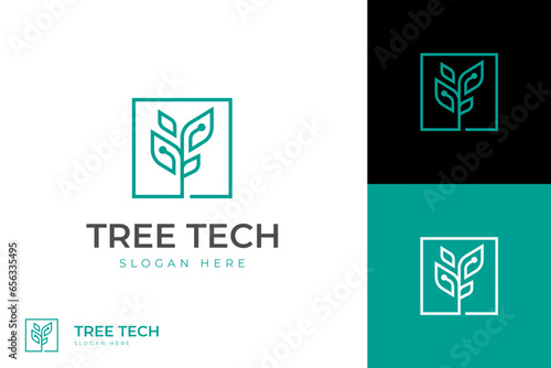 Tree tech logo icon design. vector outline plant symbol for education technology growth logo template