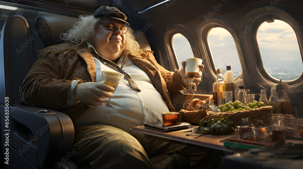 Overweight rich man feasts and drinks aboard a private jet. An indulgent and gluttonous lifestyle of the affluent - obrazy, fototapety, plakaty 