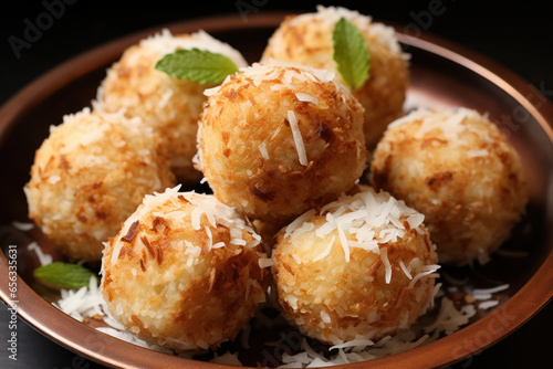 Indian sweet Nariyal laddu or coconut sugar sweet balls made with condenced milk photo