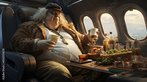 Overweight rich man feasts and drinks aboard a private jet. An indulgent and gluttonous lifestyle of the affluent photo