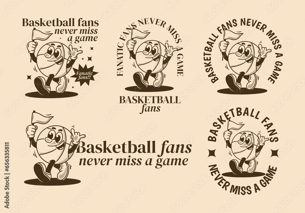 Basketball fans, never miss a game. Mascot character illustration of basketball ball holding a triangle flag