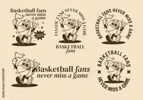 Basketball fans, never miss a game. Mascot character illustration of basketball ball holding a triangle flag