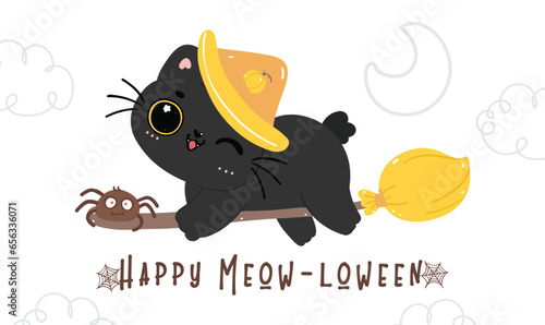 Cute Witch Black Cat riding a Flying Broomstick in Playful Halloween Cartoon animal flat design.