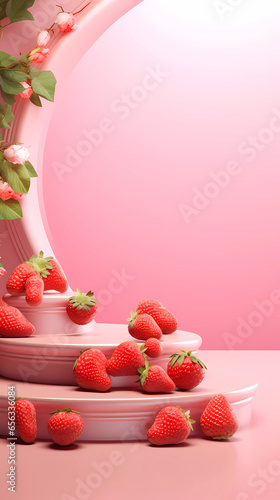Empty podium on light architectural background surrounded by ripe strawberries. Abstract background with minimalist style for product brand presentation. Advertising cosmetic from strawberries 
