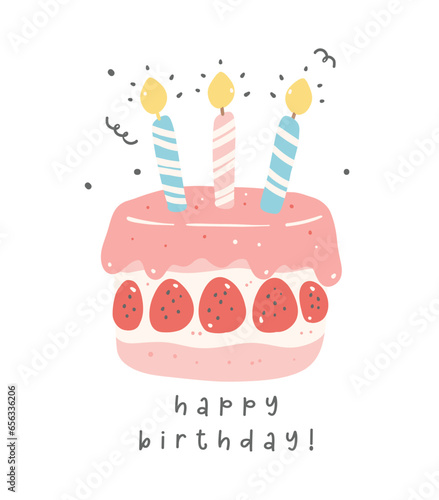 cute and kawaii pink pastel birthday cakes cartoon drawing. Perfect for joyful events and cheerful celebrations and greeting card.