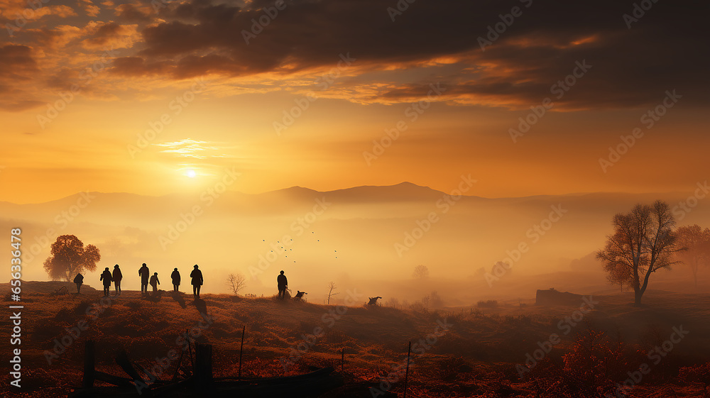 small silhouettes of  group  people on the background copy space autumn landscape golden fog morning tree in nature yellow warm