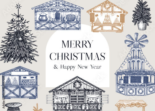 Vintage Christmas background. European Christmas market with souvenir stalls, Christmas tree, fast food, candy shops sketches. Winter holidays invitation or greeting card template. Architecture frame