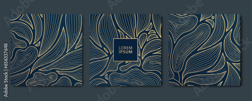 Vector set of leaves luxury golden square cards, post templates for social net, botanical modern, art deco wallpaper background. Pattern, texture for print, fabric, package design