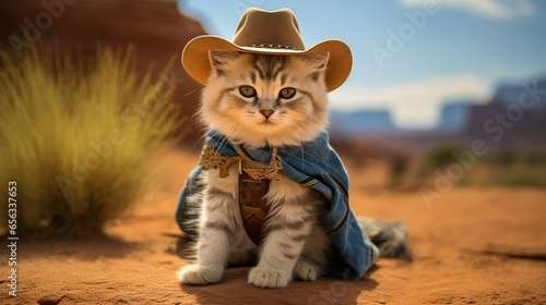 A cute little cowboy kitten with a hat, created by Generative Ai technology.