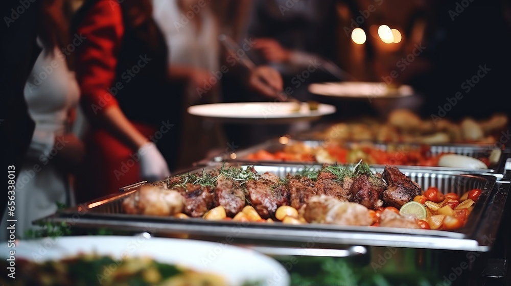 A group of people serving grilled meat at a restaurant's buffet. It's open buffet service for any festival event, party, or wedding reception