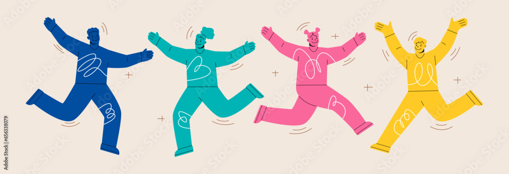 Happy people jumping joy, fun. Young excited people celebrating success. Colorful vector illustration - obrazy, fototapety, plakaty 