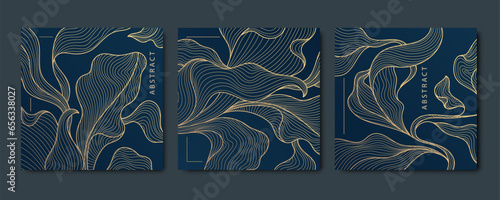 Vector set of leaves luxury golden square cards, post templates for social net, botanical modern, art deco wallpaper background. Pattern, texture for print, fabric, package design