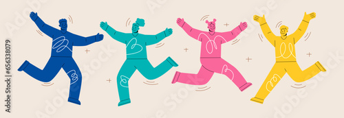 Happy people jumping joy, fun. Young excited people celebrating success. Colorful vector illustration