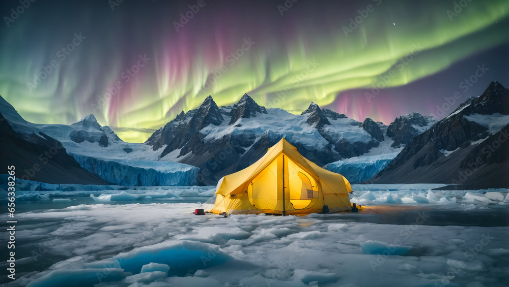 aurora borealis above the ice glacier and the yellow tent placed on it are behind the pointed snow peaks