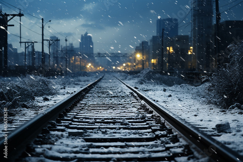 Generative AI Image of Railway Tracks with View of City Building During Snowfall at Night