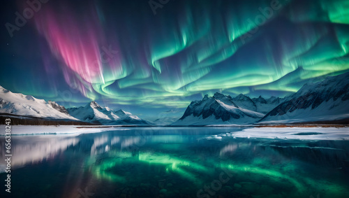 the aurora borealis above the ice glacier are behind the pointed snow peaks photo