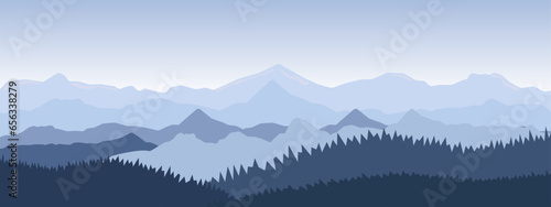 Vector of beautiful mountain landscape in dark blue colors. Morning in mountains with Sunrise and sunset, mountains in fog in blue colors, flat style.