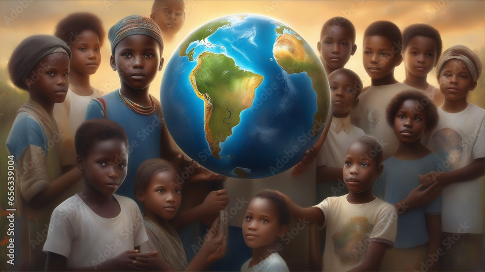 International Day of Peace concept. African Children holding earth globe. Group of African children holding planet earth planet earth over defocused nature background with copy space.digital ai - obrazy, fototapety, plakaty 
