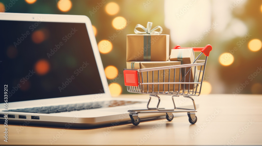 Model shopping cart with gift box, and laptop keyboard on wood table, blurred christmas tree background