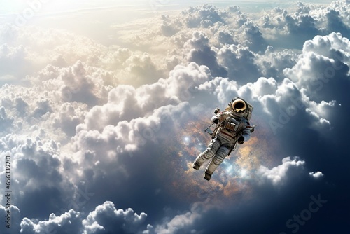 astronaut floating above clouds on planet. Generative AI
