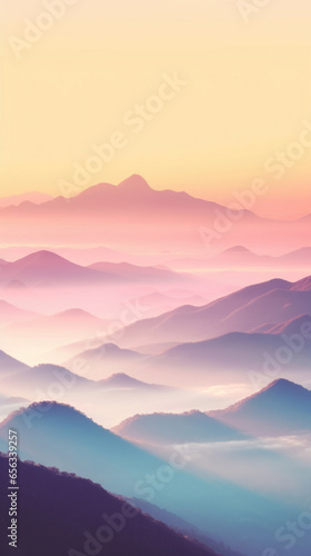 Mountains at sunset with fog © tashechka