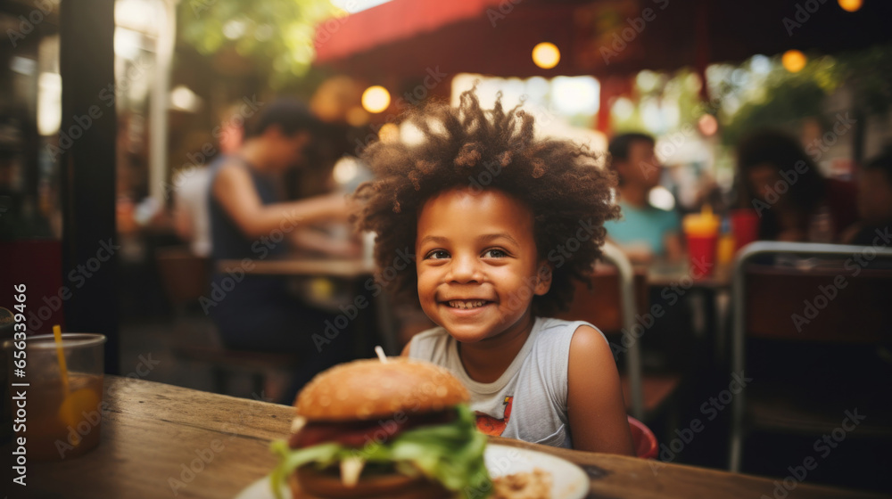 Happy boy in a street cafe with burger - obrazy, fototapety, plakaty 