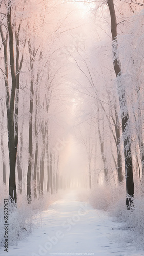 vertical background landscape in a winter forest, tall tree trunks entrance to the alley in the morning frosty white fog © kichigin19
