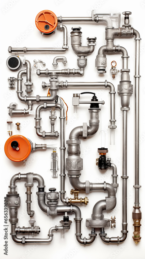 Obraz premium vertical background pipes and pipe connections isolated on white, abstract communications