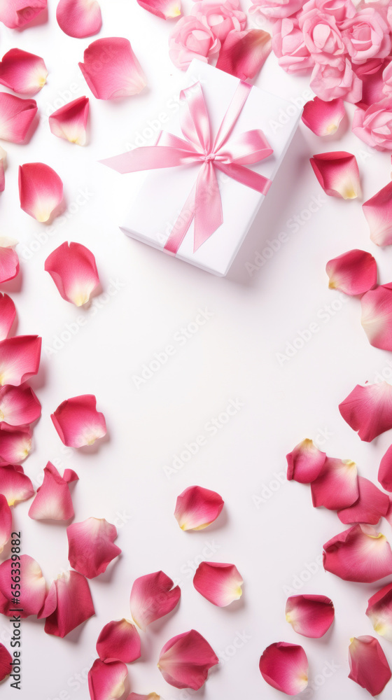 Valentine's Day white background with pink petals rose with gift box top view lay flat