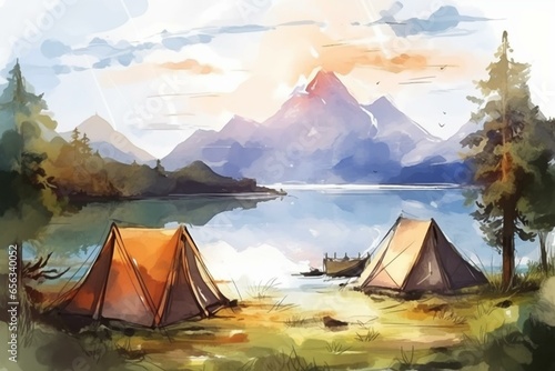 Illustration of camping scene with tent  lake and mountains  watercolor style  outdoor activity design. Generative AI
