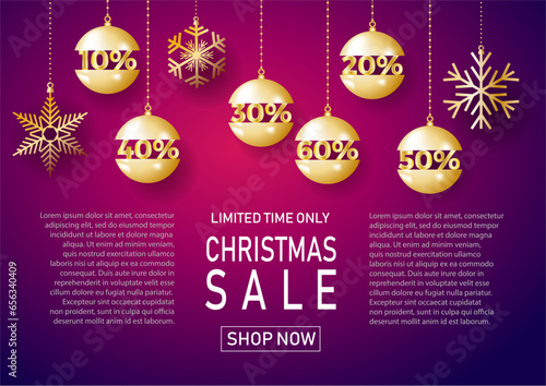 Christmas holiday sale on purple background with snow. Limited time only. Template for a banner, shopping, discount. Vector illustration for your design
