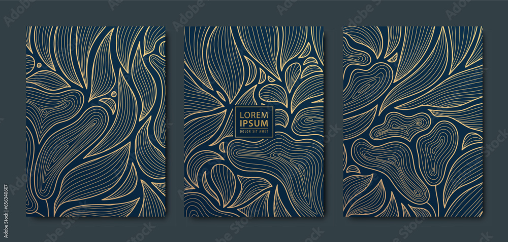 Vector japanese leaves art deco patterns. Floral golden elements template in vintage style. Luxury black line covers, flyers, brochures, packaging design, social media post, banners. - obrazy, fototapety, plakaty 