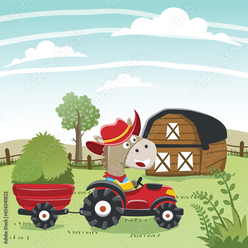 Cute horse  and tractor in the farm, funny animal cartoon, Can be used for t-shirt print, kids wear fashion design, invitation card. fabric, textile, nursery wallpaper, poster and other decoration.